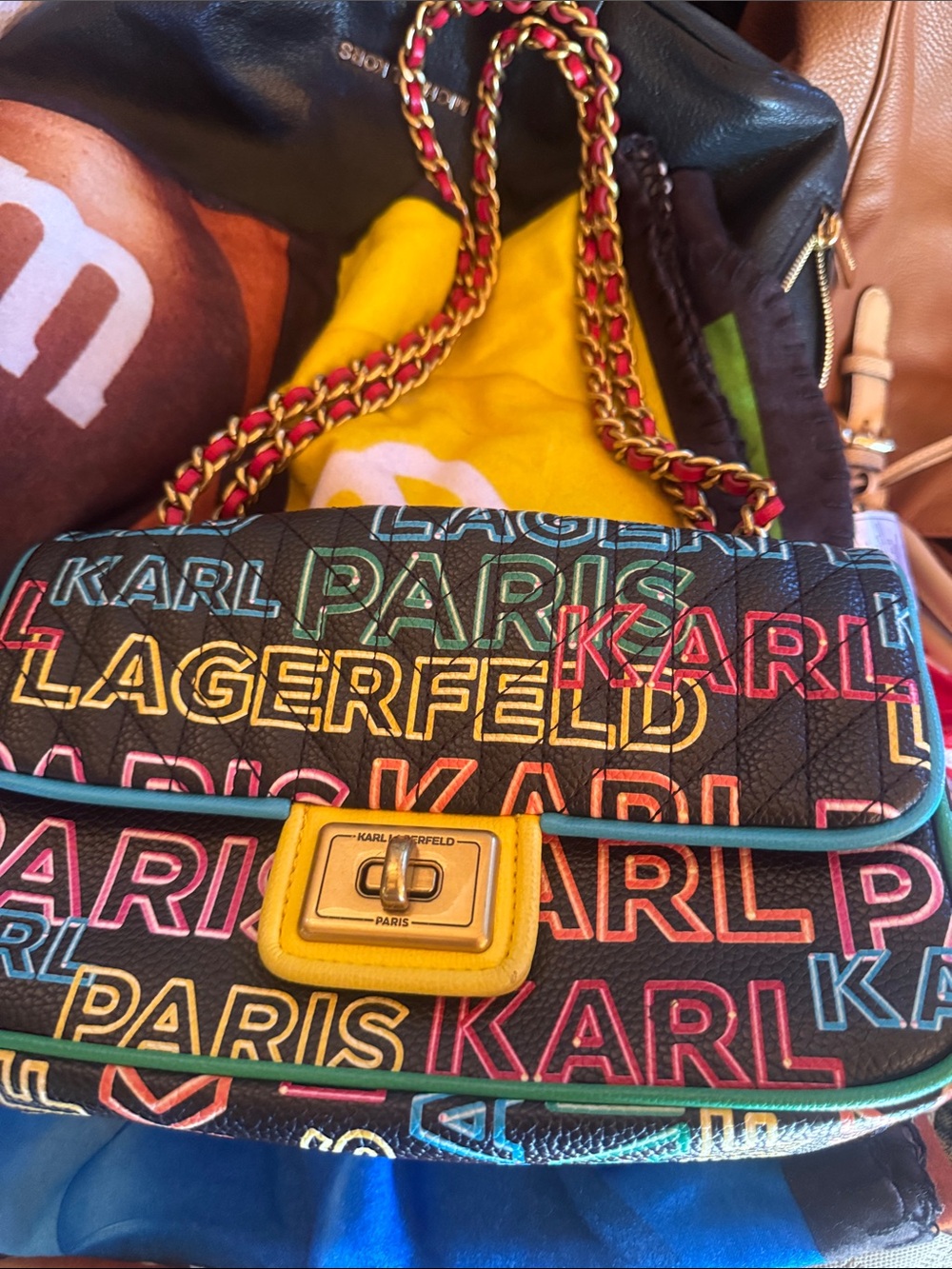 Karl Lagerfeld Black Multicolor Logo Chain Shoulder Bag with Gold Hardware